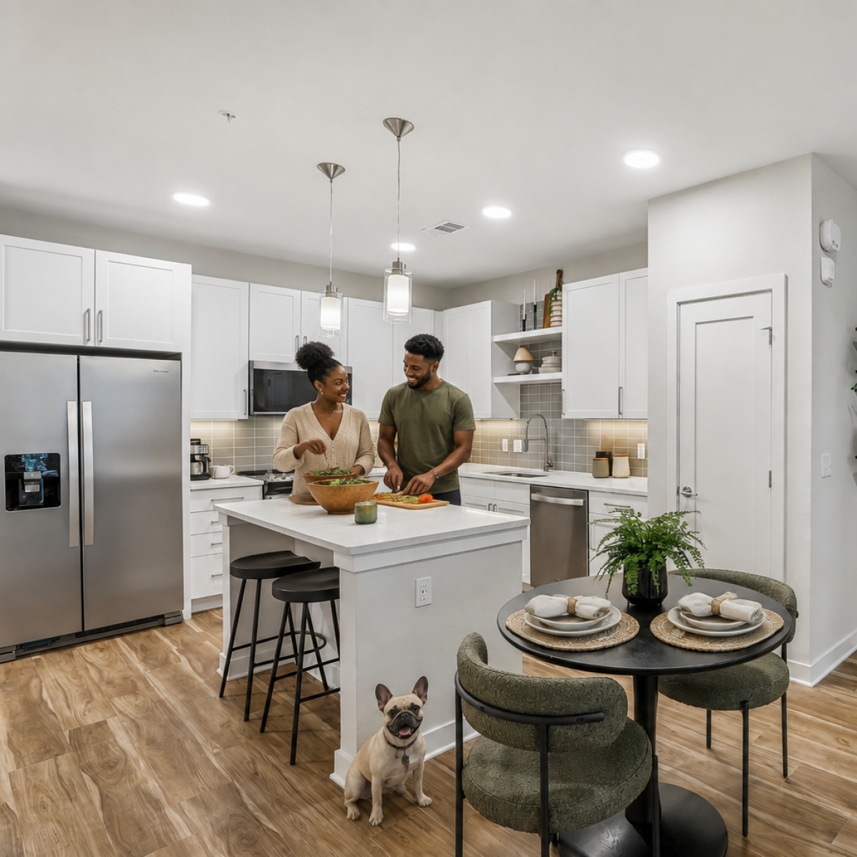 A couple prepares food together in a modern kitchen with a dog sitting by the island and a bedroom visible in the background.