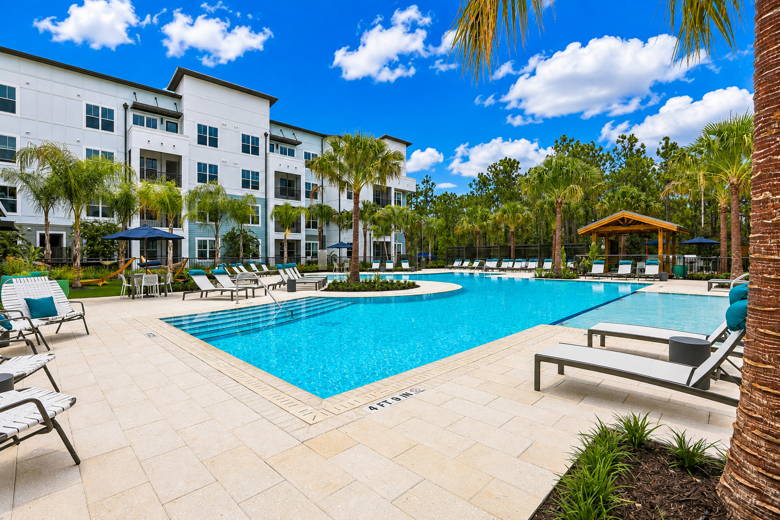 Outdoor pool with lounge chairs, palm trees, umbrellas, and an apartment building in the background under a blue sky.